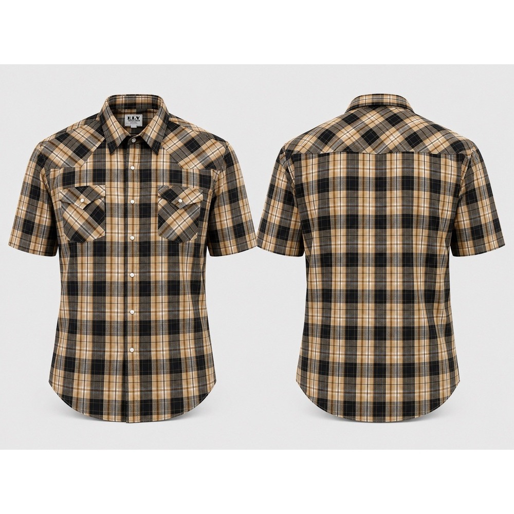 Ely Cattleman Pearl Snap Western Brown Plaid Short Sleeve Shirt Men 2XL Cowboy